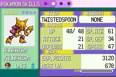 Evolved Alakazam at Level 17 holding a Twisted Spoon