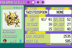 Kadabra at Level 16 holding a Twisted Spoon